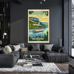 Serene River Scene with Castle Travel Poster PosterGoat