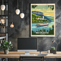 Serene River Scene with Castle Travel Poster PosterGoat