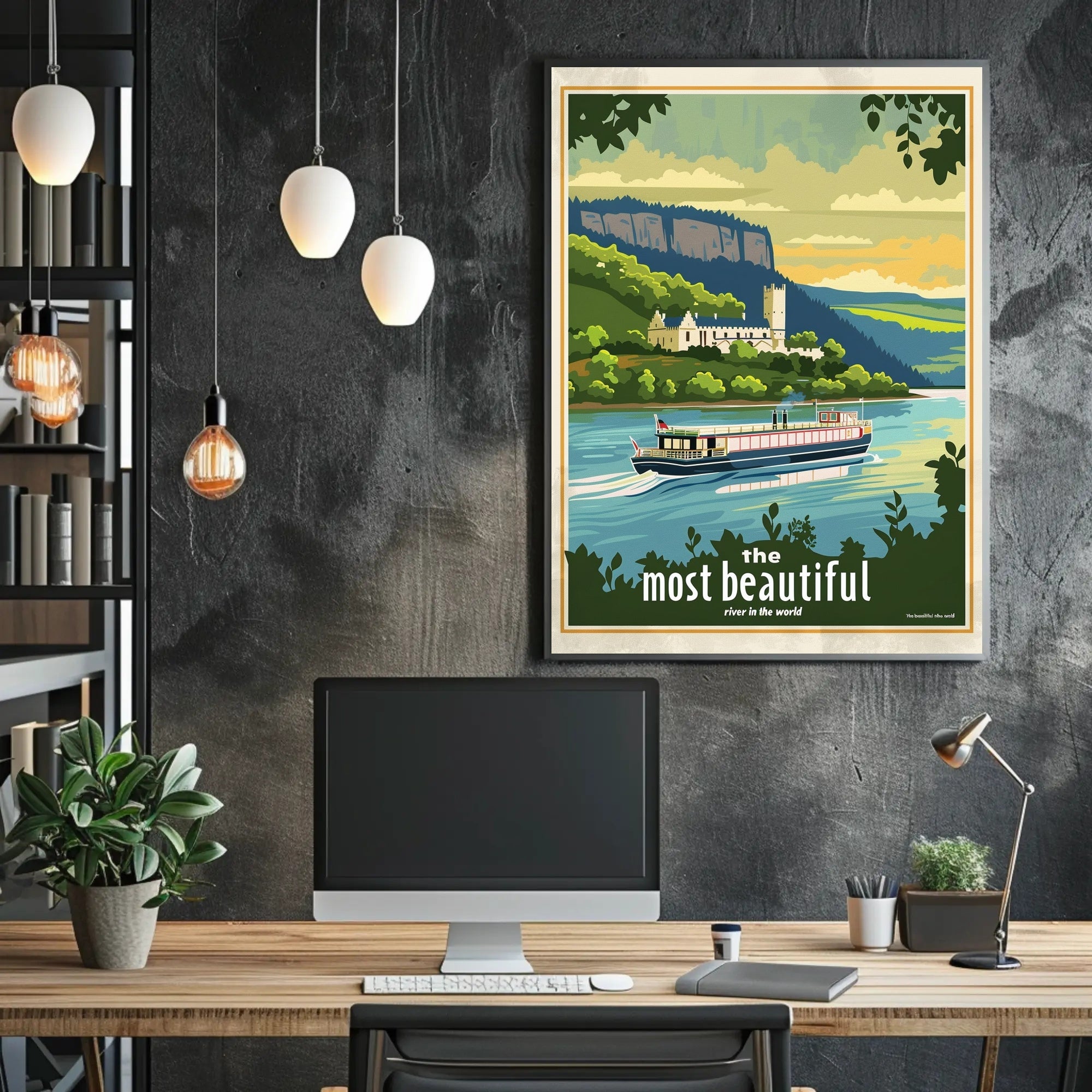 Serene River Scene with Castle Travel Poster PosterGoat