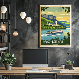 Serene River Scene with Castle Travel Poster PosterGoat