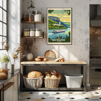 Serene River Scene with Castle Travel Poster PosterGoat