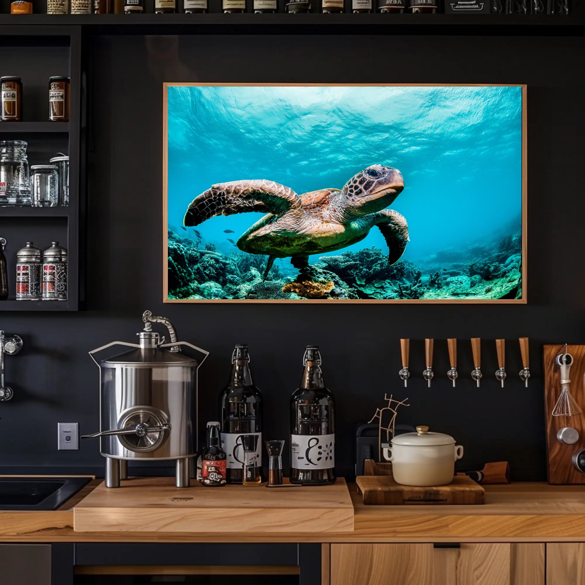 Serene Sea Turtle Swimming Over Coral Animal Poster PosterGoat