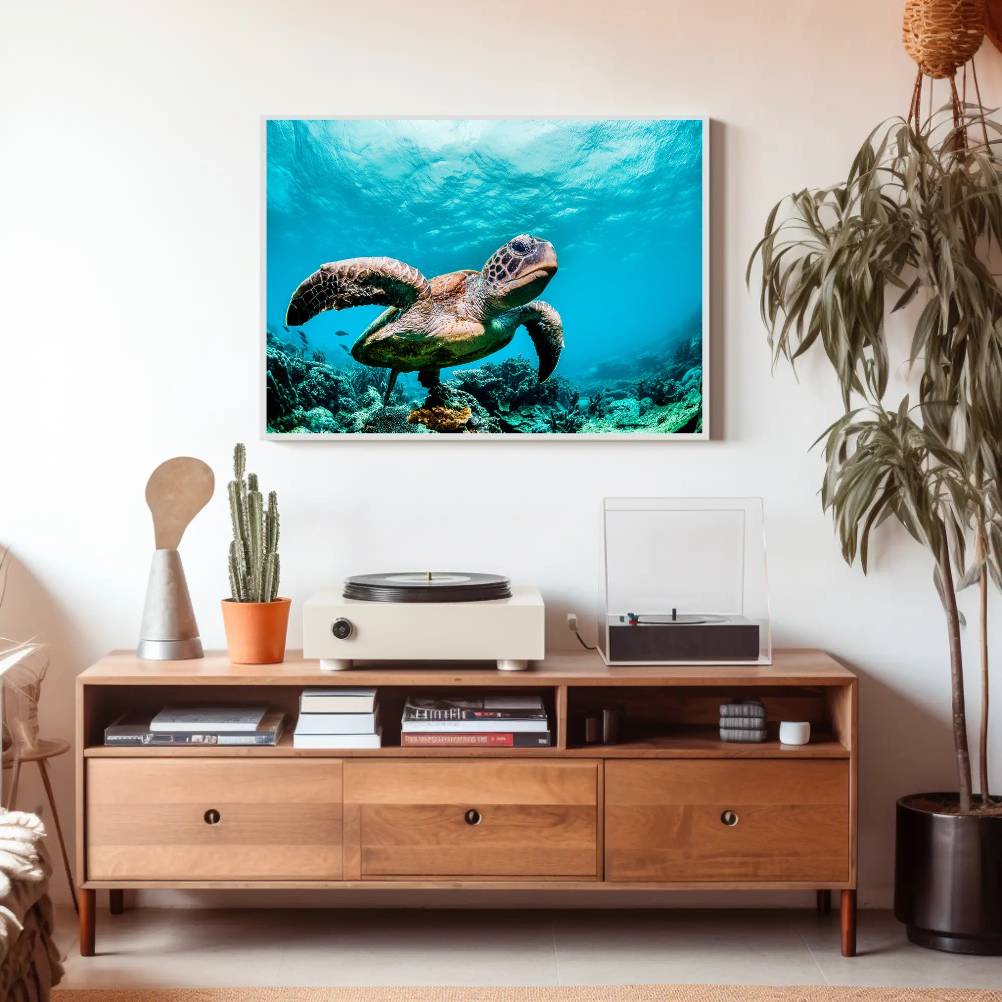 Serene Sea Turtle Swimming Over Coral Animal Poster PosterGoat
