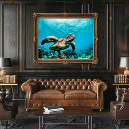 Serene Sea Turtle Swimming Over Coral Animal Poster PosterGoat
