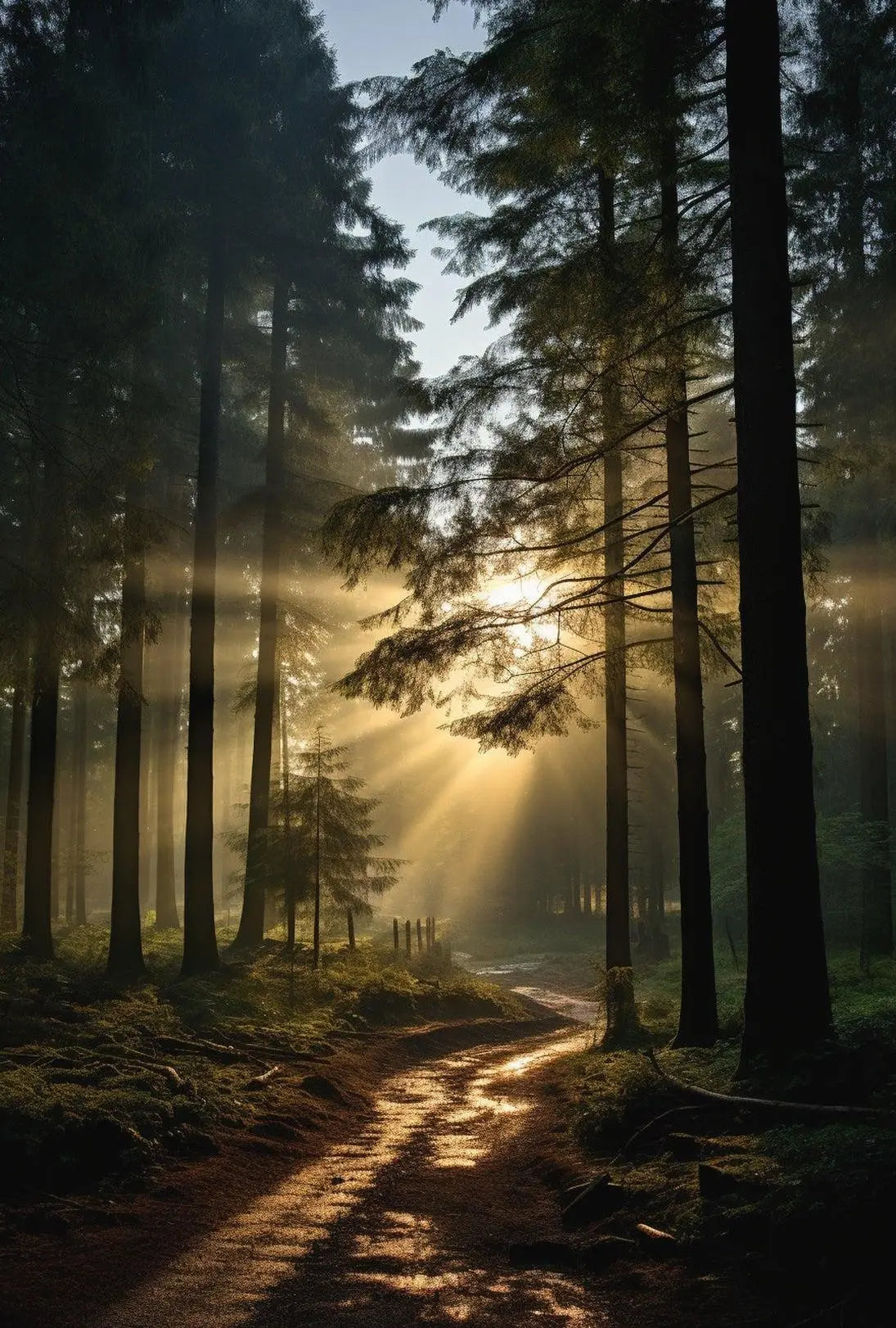 Serene Sunlit Pathway in Nature Art Poster PosterGoat