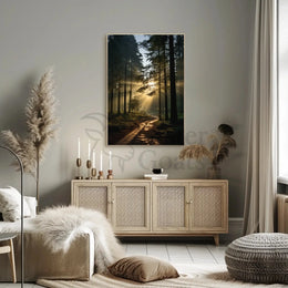 Serene Sunlit Pathway in Nature Art Poster PosterGoat