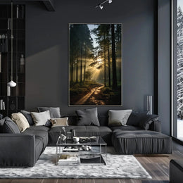 Serene Sunlit Pathway in Nature Art Poster PosterGoat