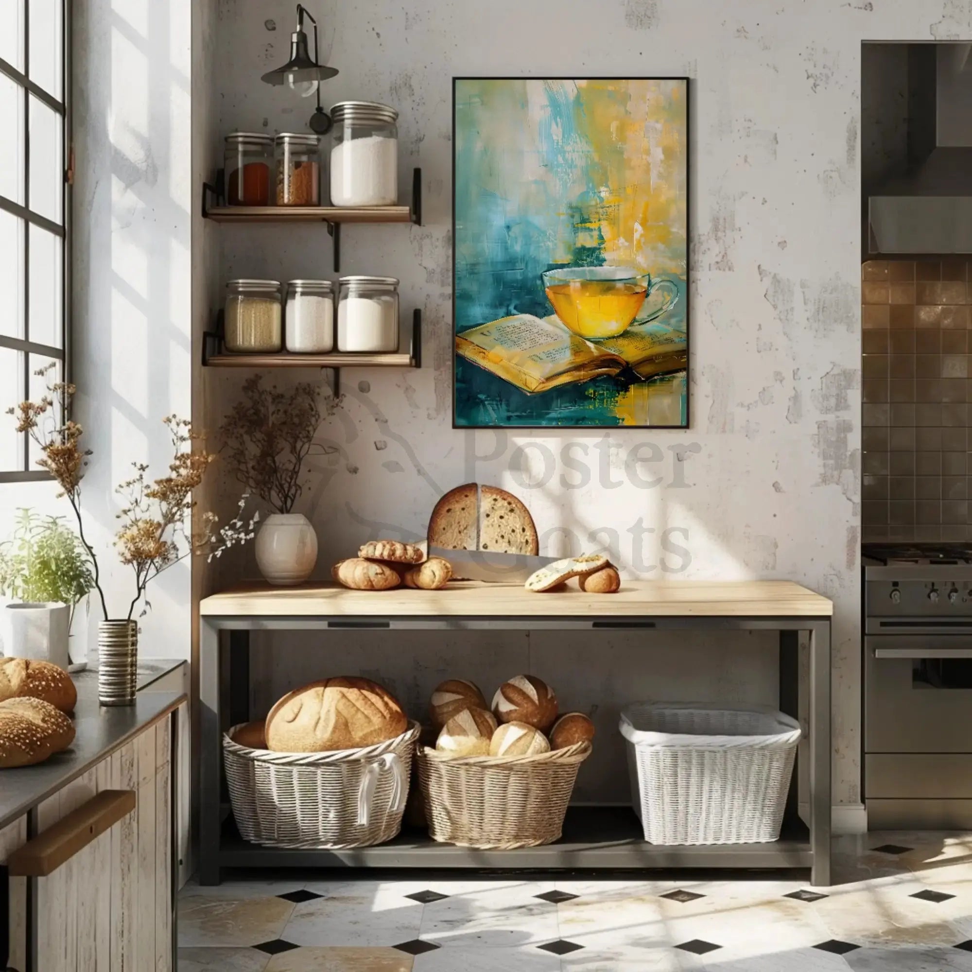 Serene Tea and Book Artistic Impressionistic Poster PosterGoat