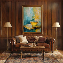 Serene Tea and Book Artistic Impressionistic Poster PosterGoat