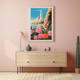Serene Tower and Roses Vintage Travel Poster PosterGoat