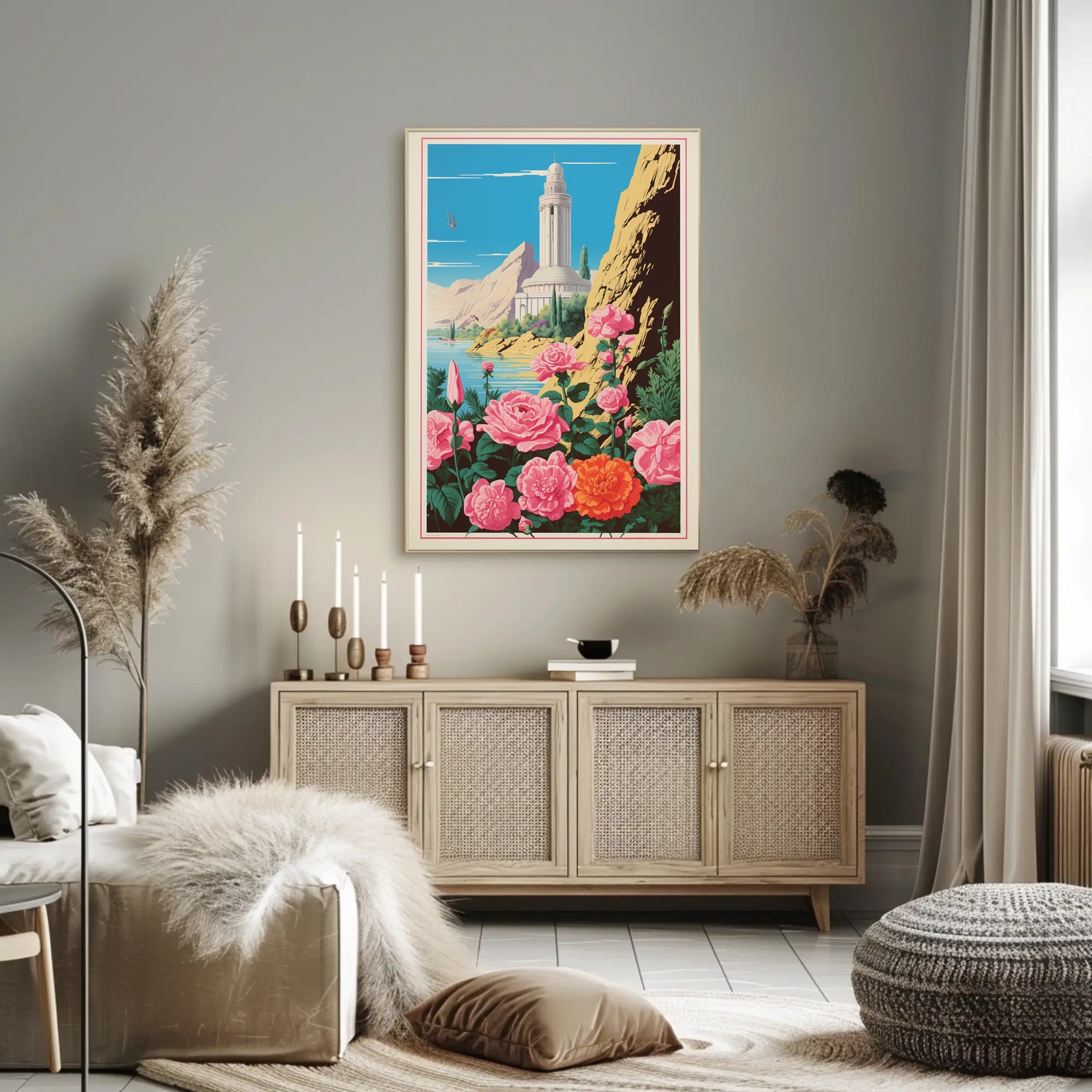 Serene Tower and Roses Vintage Travel Poster PosterGoat