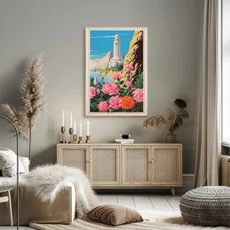 Serene Tower and Roses Vintage Travel Poster PosterGoat