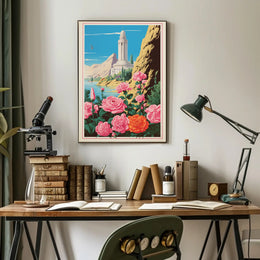 Serene Tower and Roses Vintage Travel Poster PosterGoat