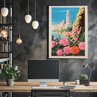 Serene Tower and Roses Vintage Travel Poster PosterGoat
