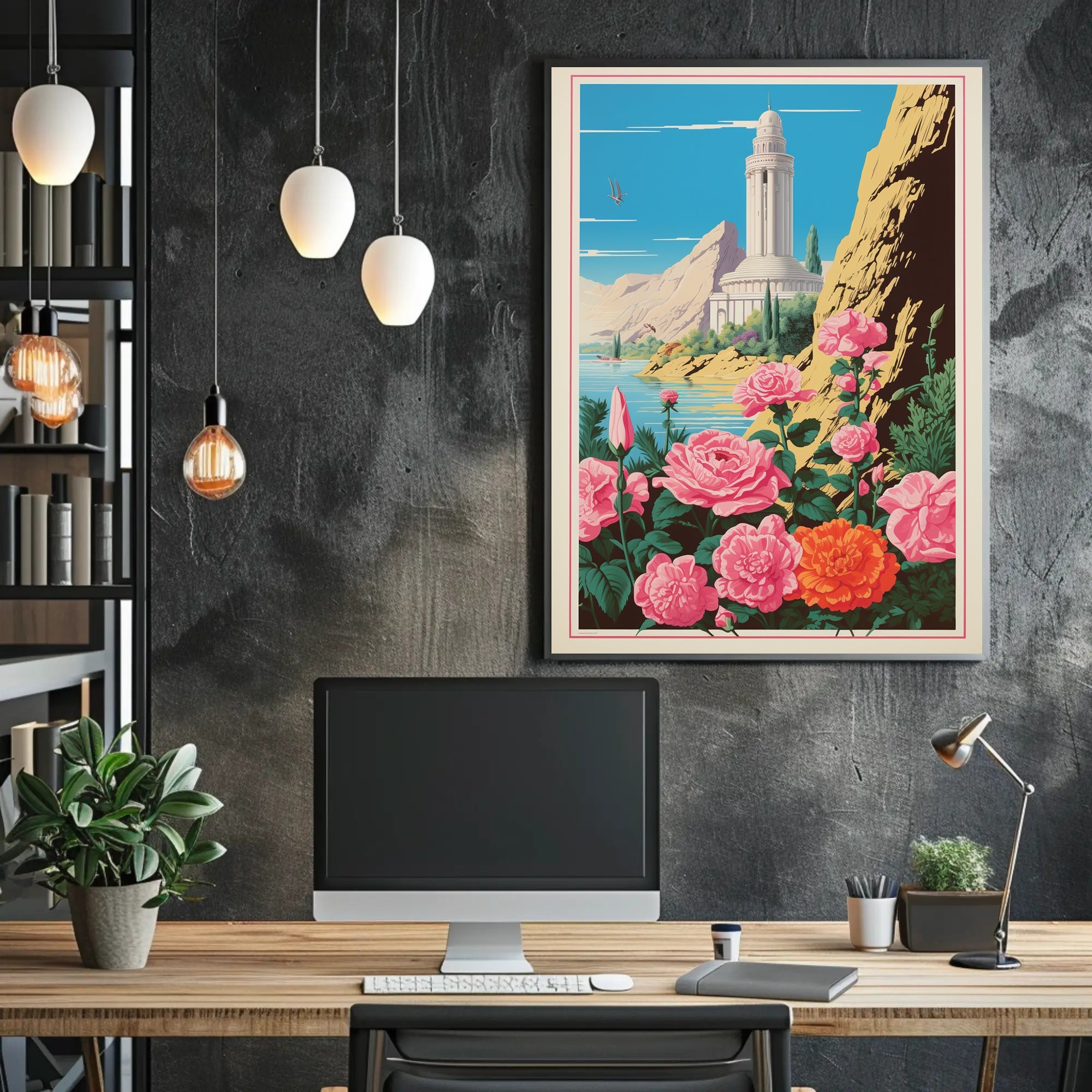 Serene Tower and Roses Vintage Travel Poster PosterGoat