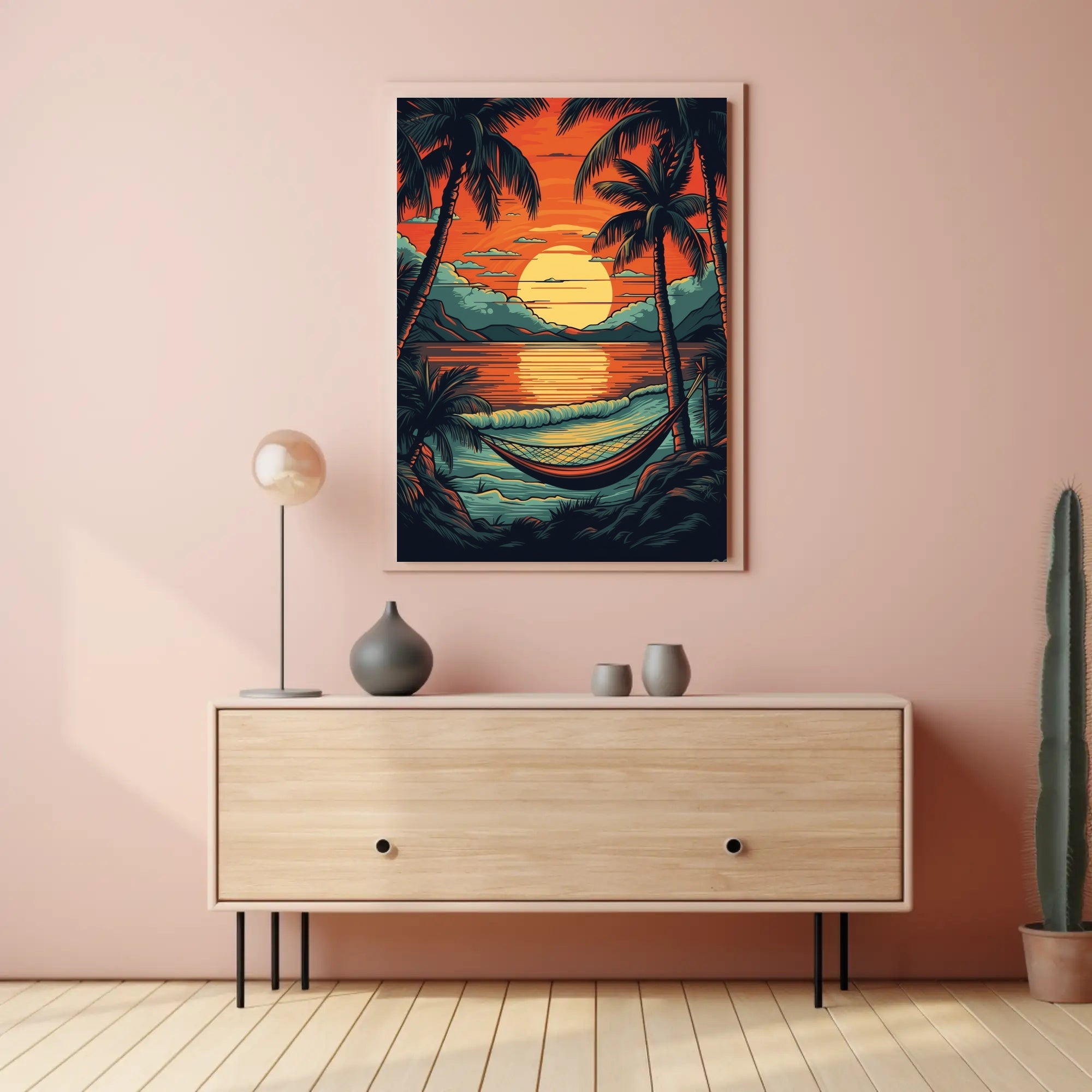 Serene Tropical Sunset Beach Hammock Scene Travel Poster PosterGoat
