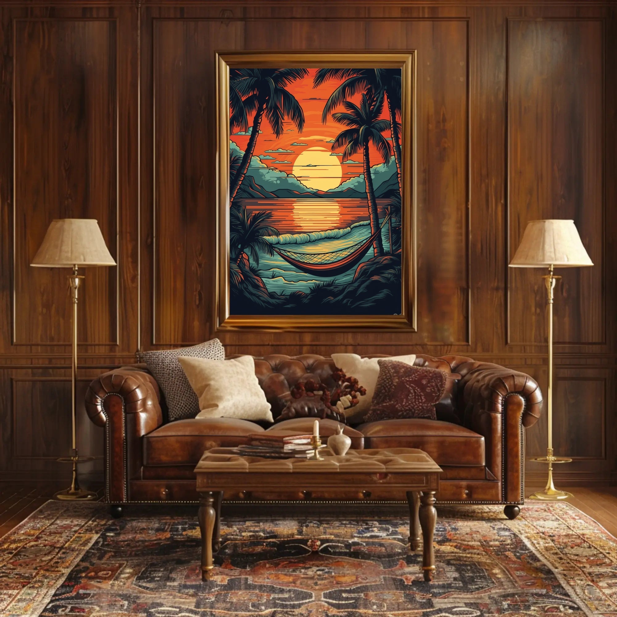 Serene Tropical Sunset Beach Hammock Scene Travel Poster PosterGoat