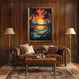 Serene Tropical Sunset Beach Hammock Scene Travel Poster PosterGoat