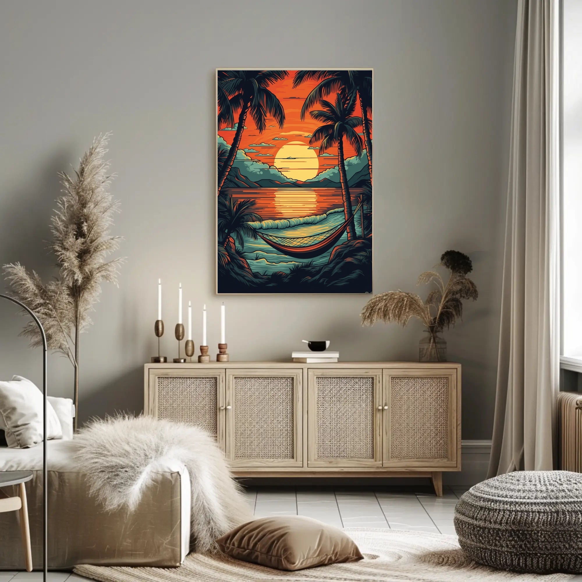 Serene Tropical Sunset Beach Hammock Scene Travel Poster PosterGoat