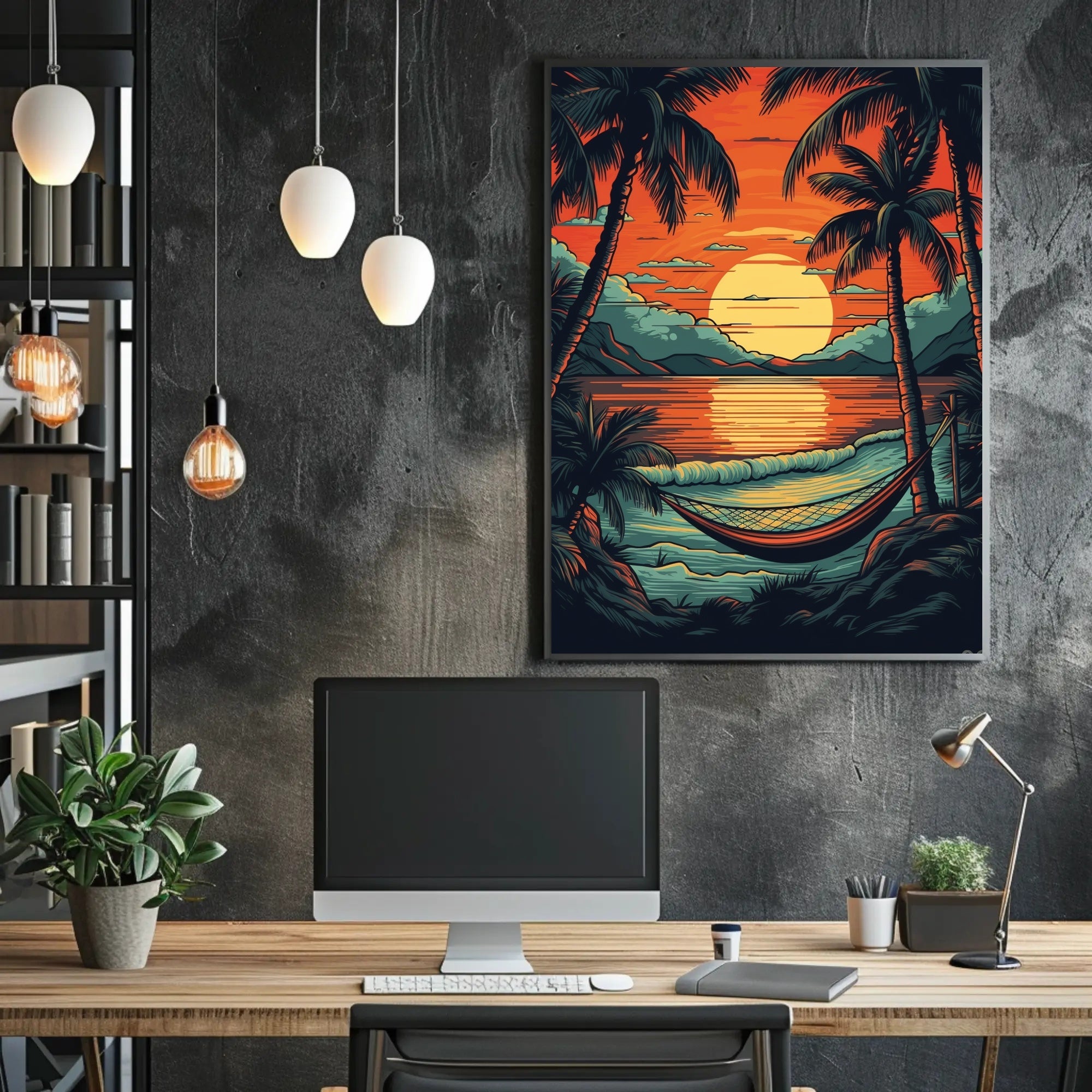 Serene Tropical Sunset Beach Hammock Scene Travel Poster PosterGoat