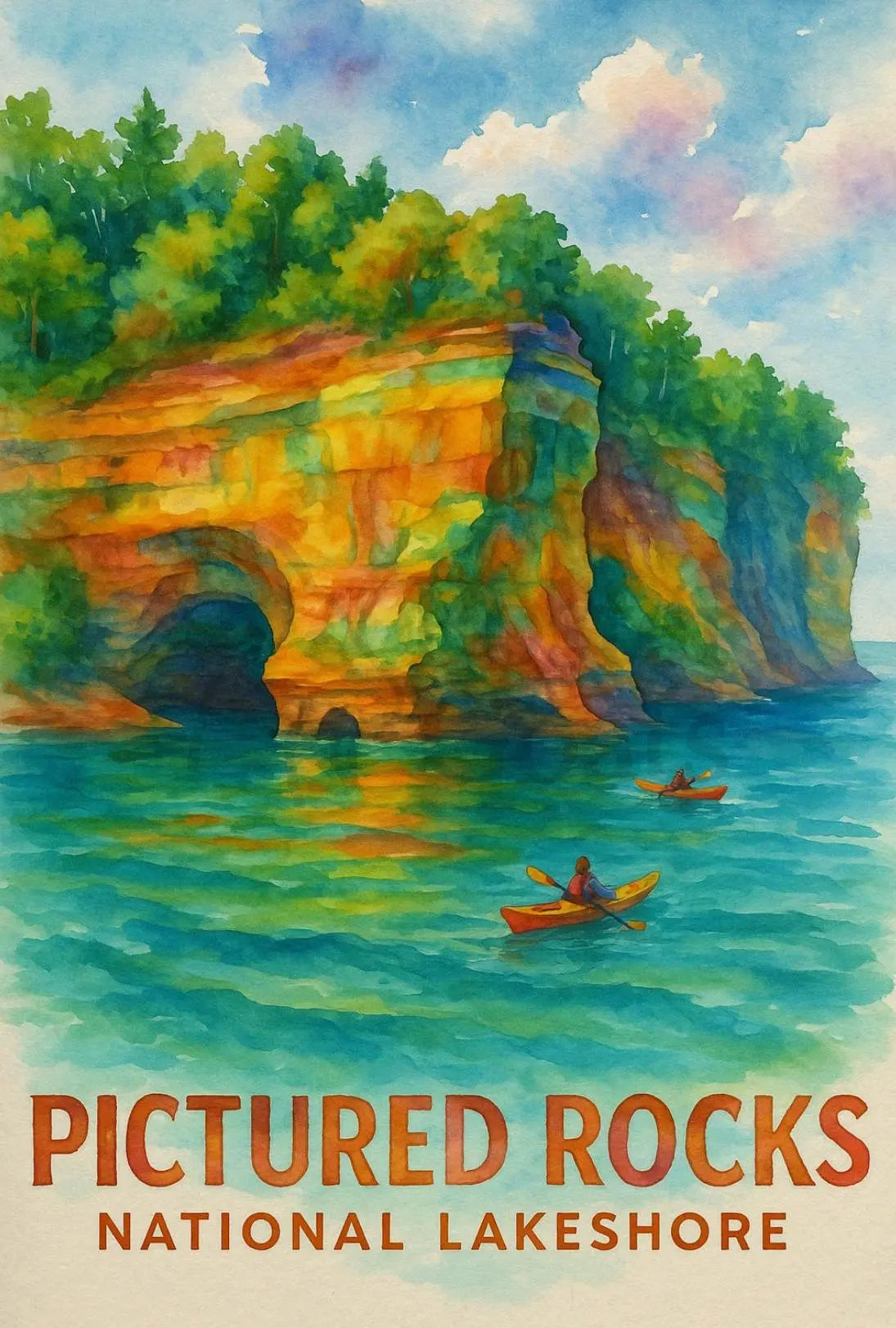 Serene Watercolor Landscape of Pictured Rocks National Park Poster PosterGoat