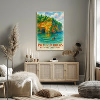 Serene Watercolor Landscape of Pictured Rocks National Park Poster PosterGoat