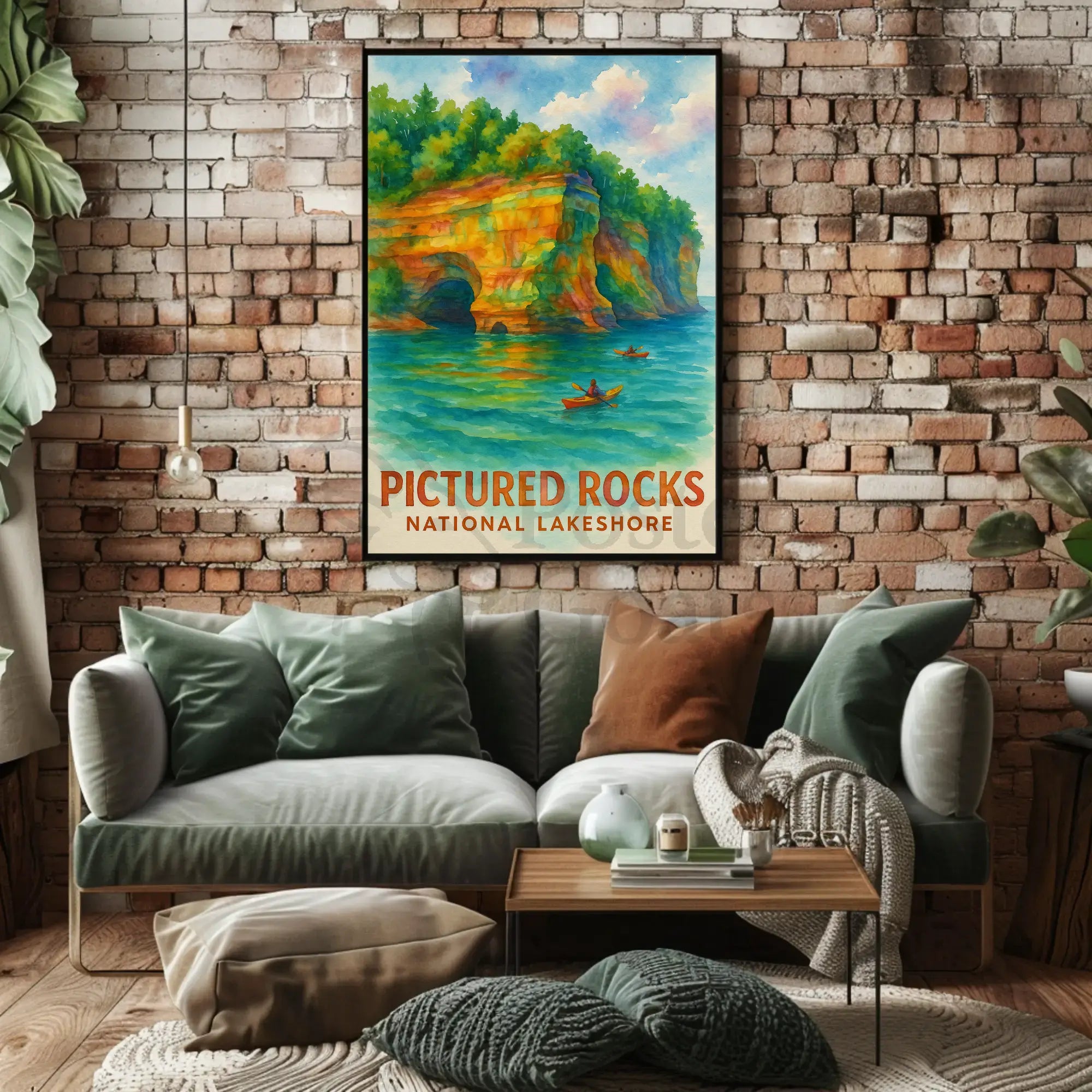 Serene Watercolor Landscape of Pictured Rocks National Park Poster PosterGoat