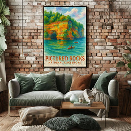 Serene Watercolor Landscape of Pictured Rocks National Park Poster PosterGoat