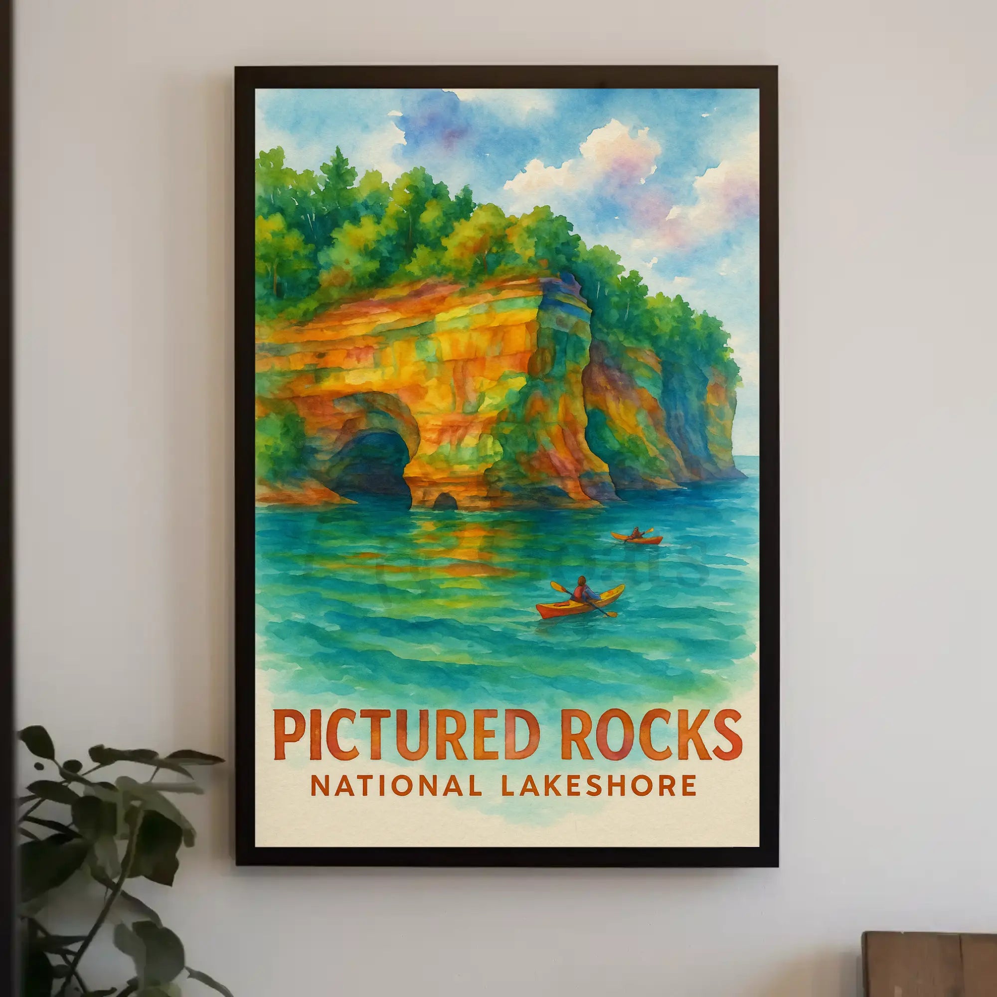 Serene Watercolor Landscape of Pictured Rocks National Park Poster PosterGoat
