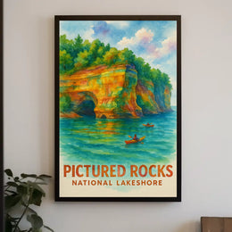 Serene Watercolor Landscape of Pictured Rocks National Park Poster PosterGoat
