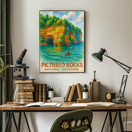 Serene Watercolor Landscape of Pictured Rocks National Park Poster PosterGoat