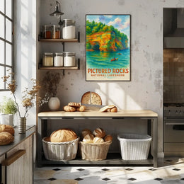 Serene Watercolor Landscape of Pictured Rocks National Park Poster PosterGoat