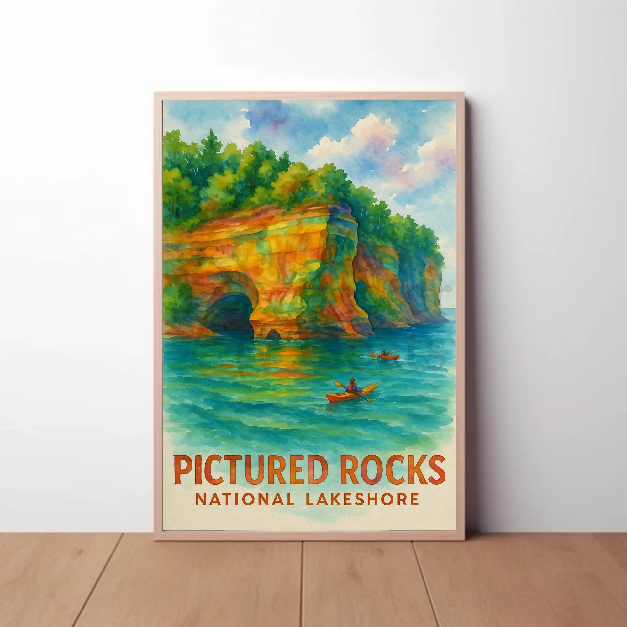 Serene Watercolor Landscape of Pictured Rocks National Park Poster PosterGoat