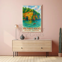 Serene Watercolor Landscape of Pictured Rocks National Park Poster PosterGoat