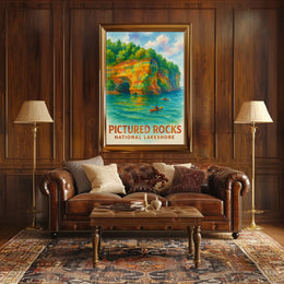 Serene Watercolor Landscape of Pictured Rocks National Park Poster PosterGoat