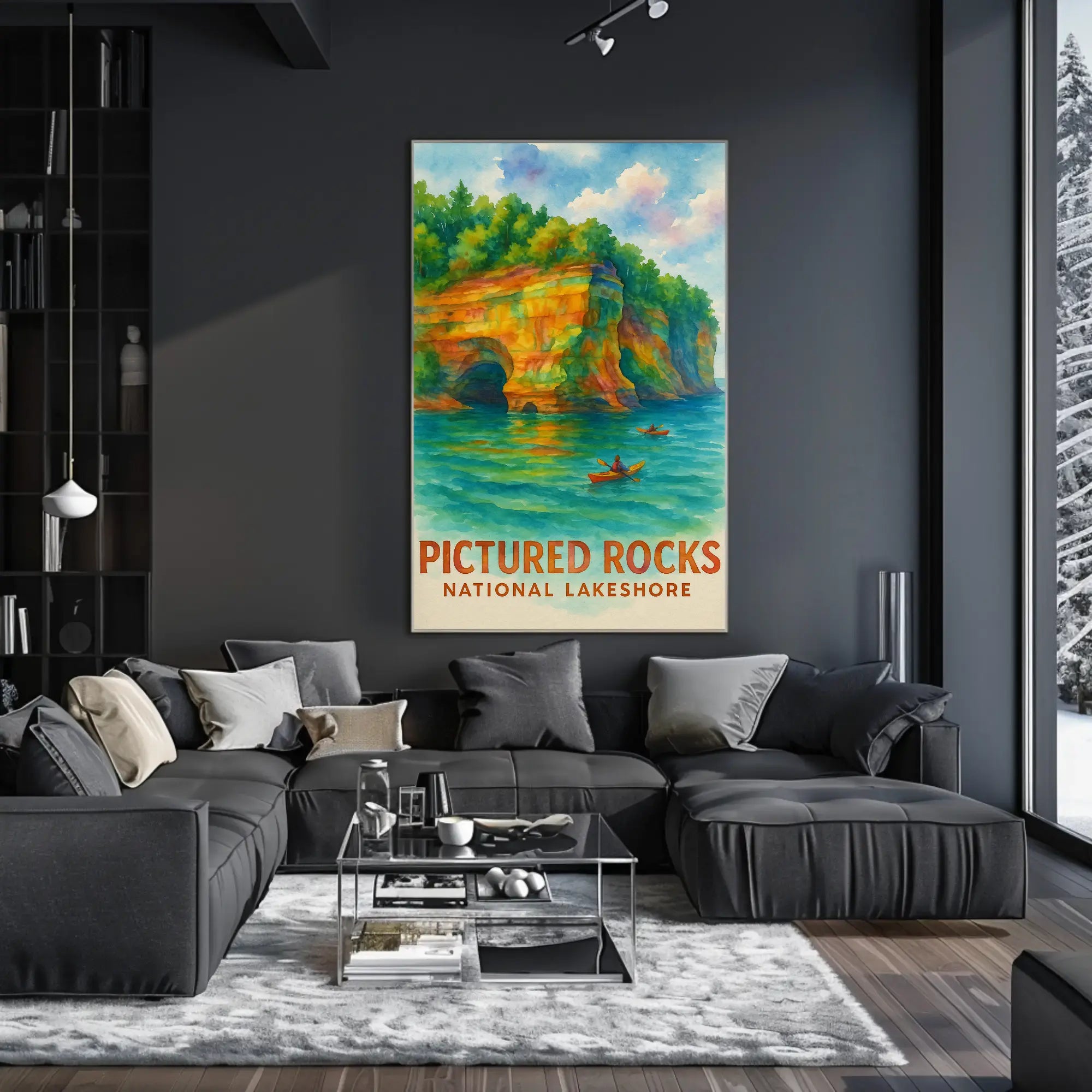 Serene Watercolor Landscape of Pictured Rocks National Park Poster PosterGoat