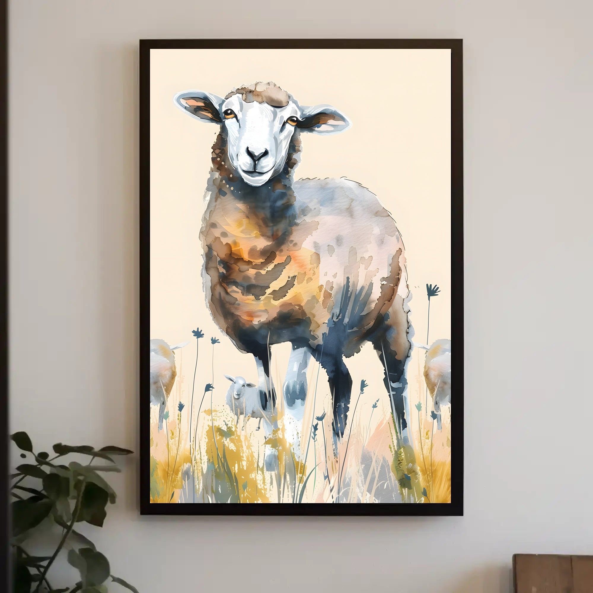 Serene Watercolor Sheep in Pastoral Countryside Animal Poster PosterGoat