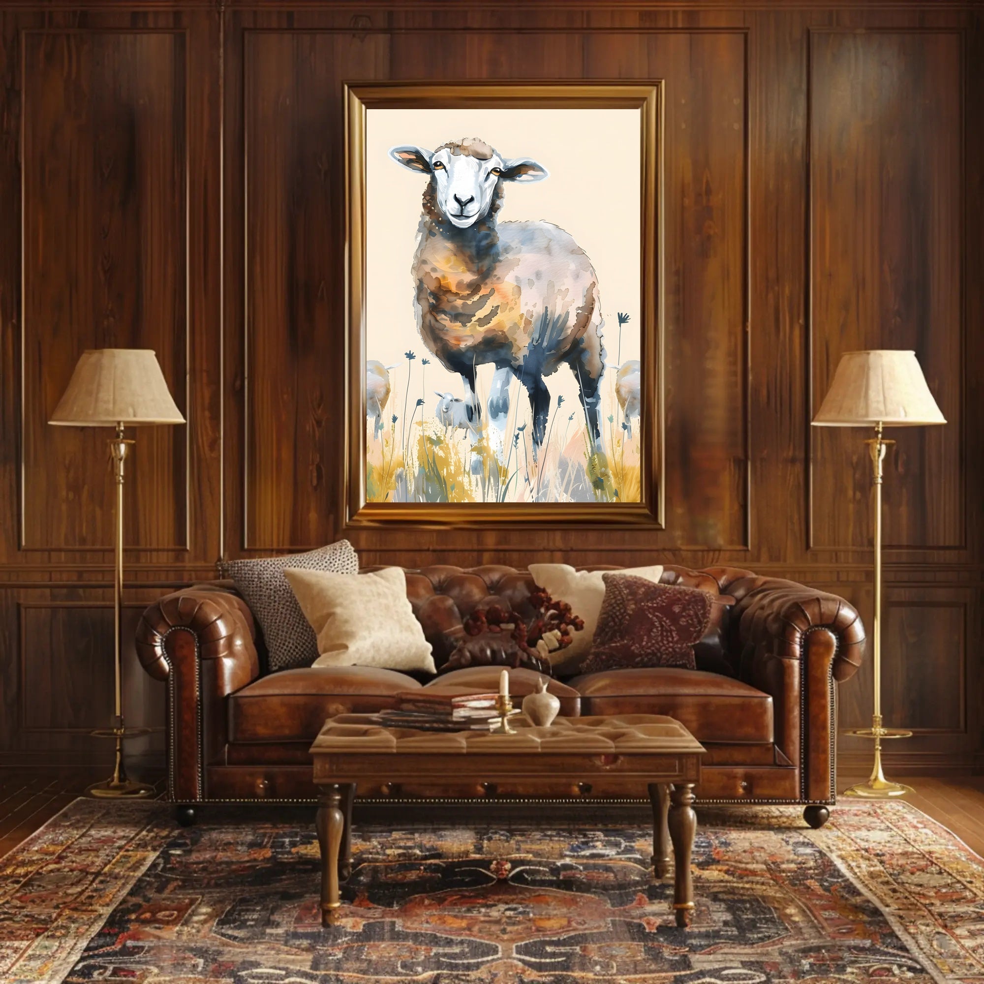 Serene Watercolor Sheep in Pastoral Countryside Animal Poster PosterGoat