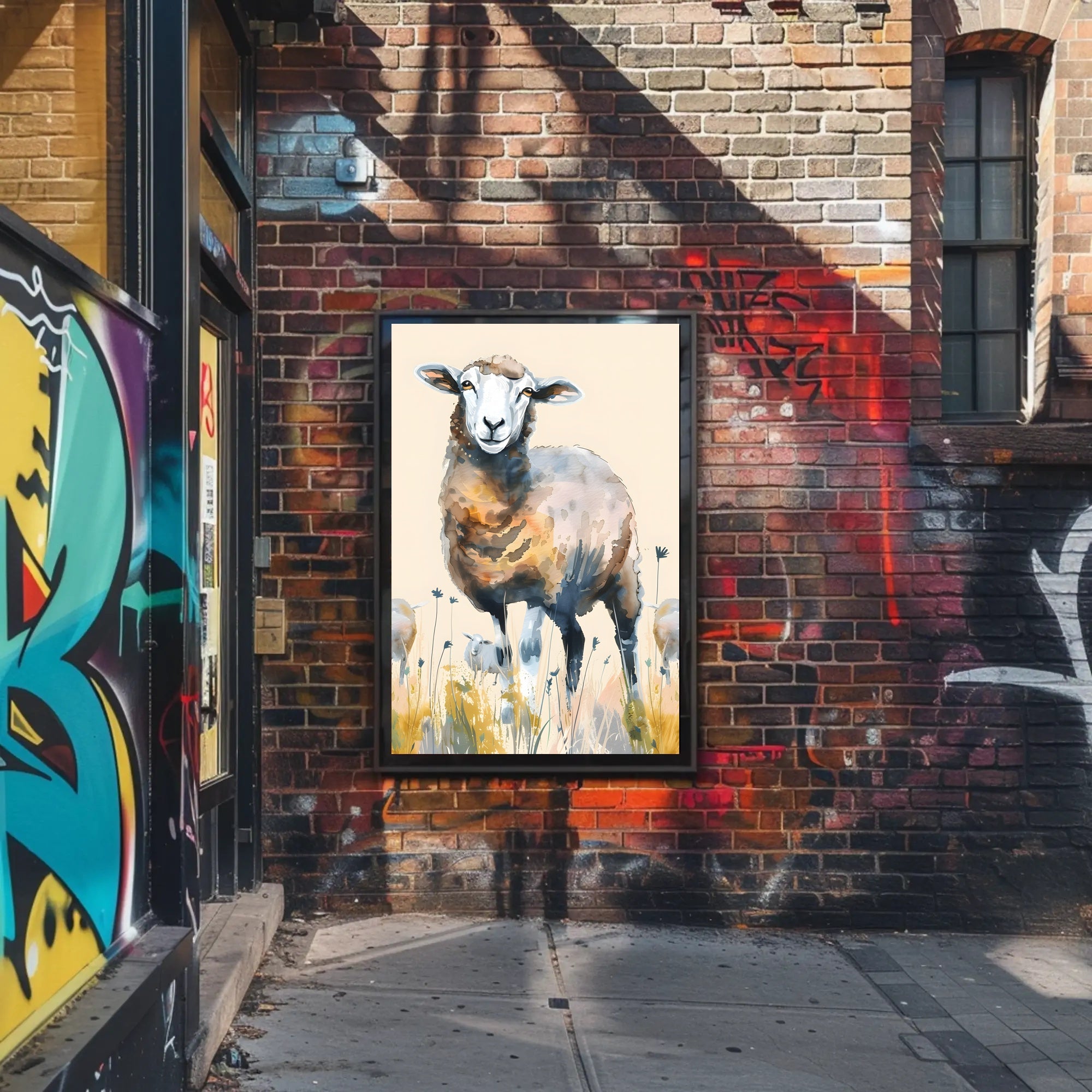 Serene Watercolor Sheep in Pastoral Countryside Animal Poster PosterGoat