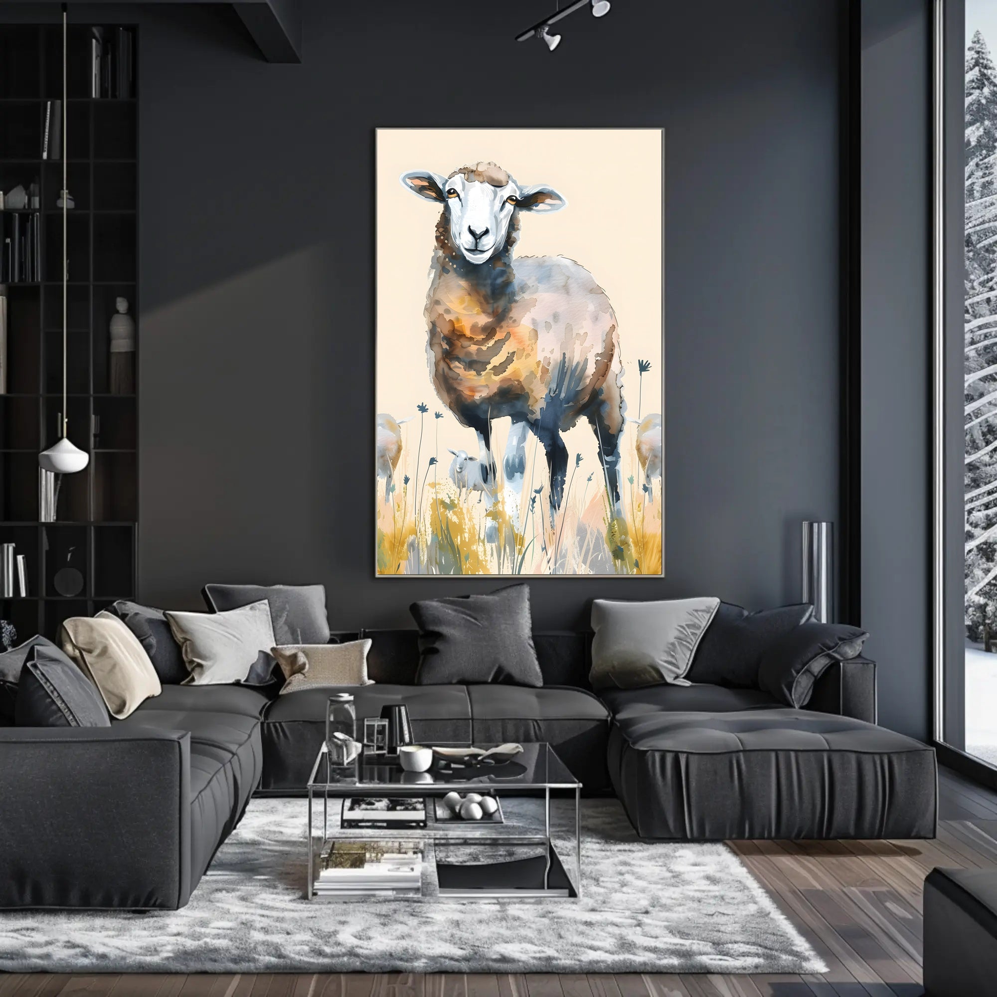 Serene Watercolor Sheep in Pastoral Countryside Animal Poster PosterGoat
