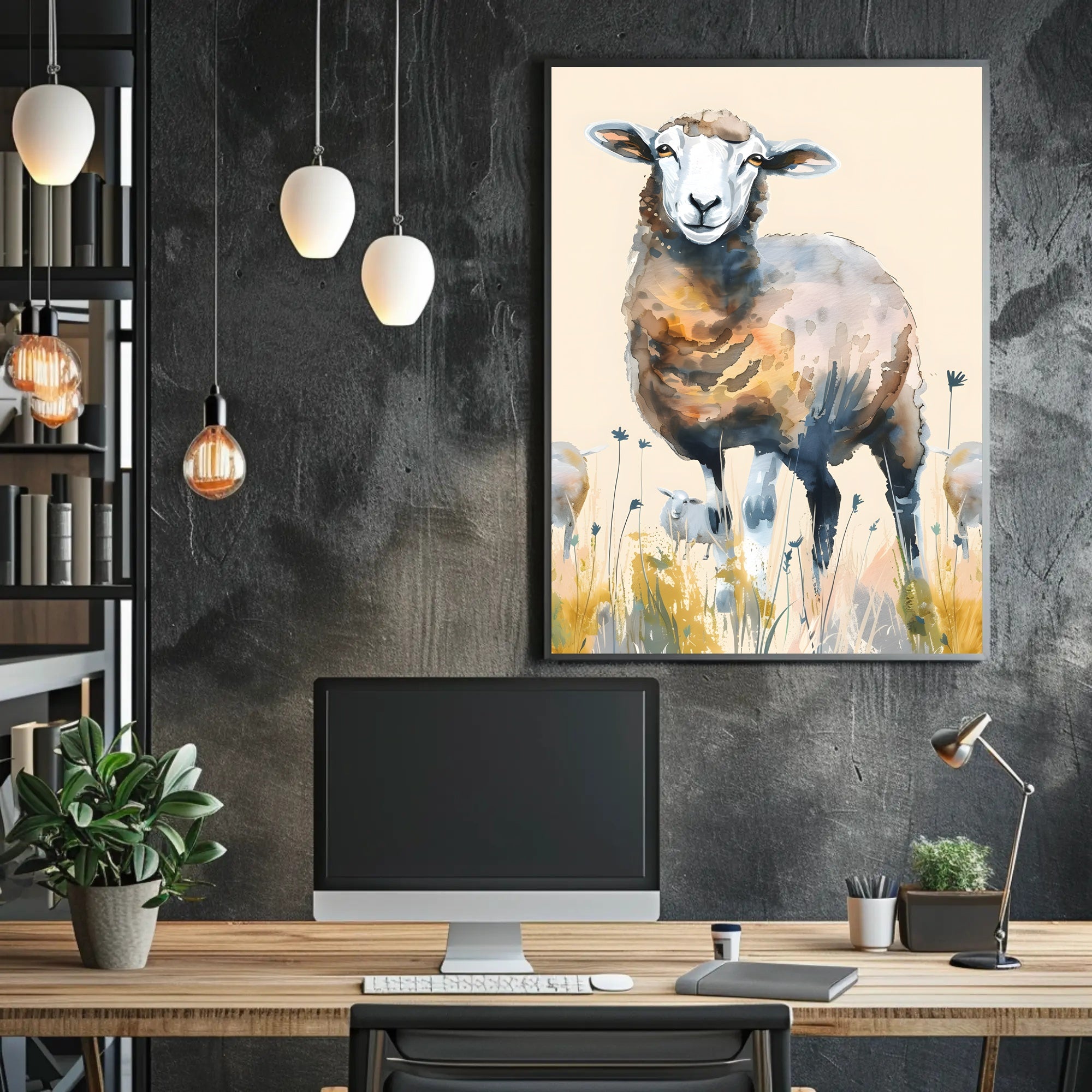 Serene Watercolor Sheep in Pastoral Countryside Animal Poster PosterGoat