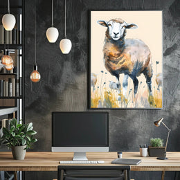 Serene Watercolor Sheep in Pastoral Countryside Animal Poster PosterGoat