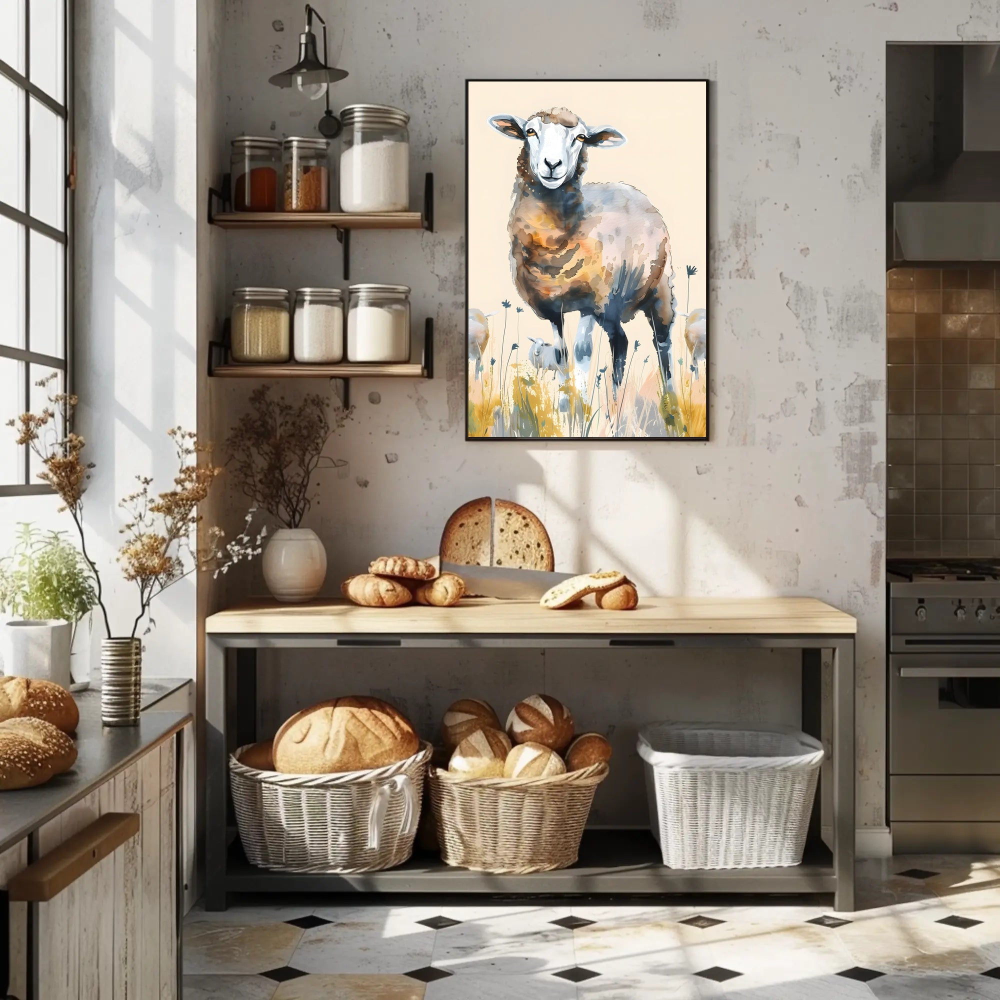 Serene Watercolor Sheep in Pastoral Countryside Animal Poster PosterGoat
