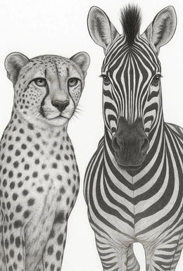 Serene Wildlife Contrast: Cheetah and Zebra Animal Poster PosterGoat