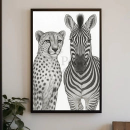 Serene Wildlife Contrast: Cheetah and Zebra Animal Poster PosterGoat