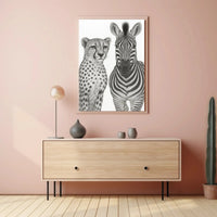 Serene Wildlife Contrast: Cheetah and Zebra Animal Poster PosterGoat