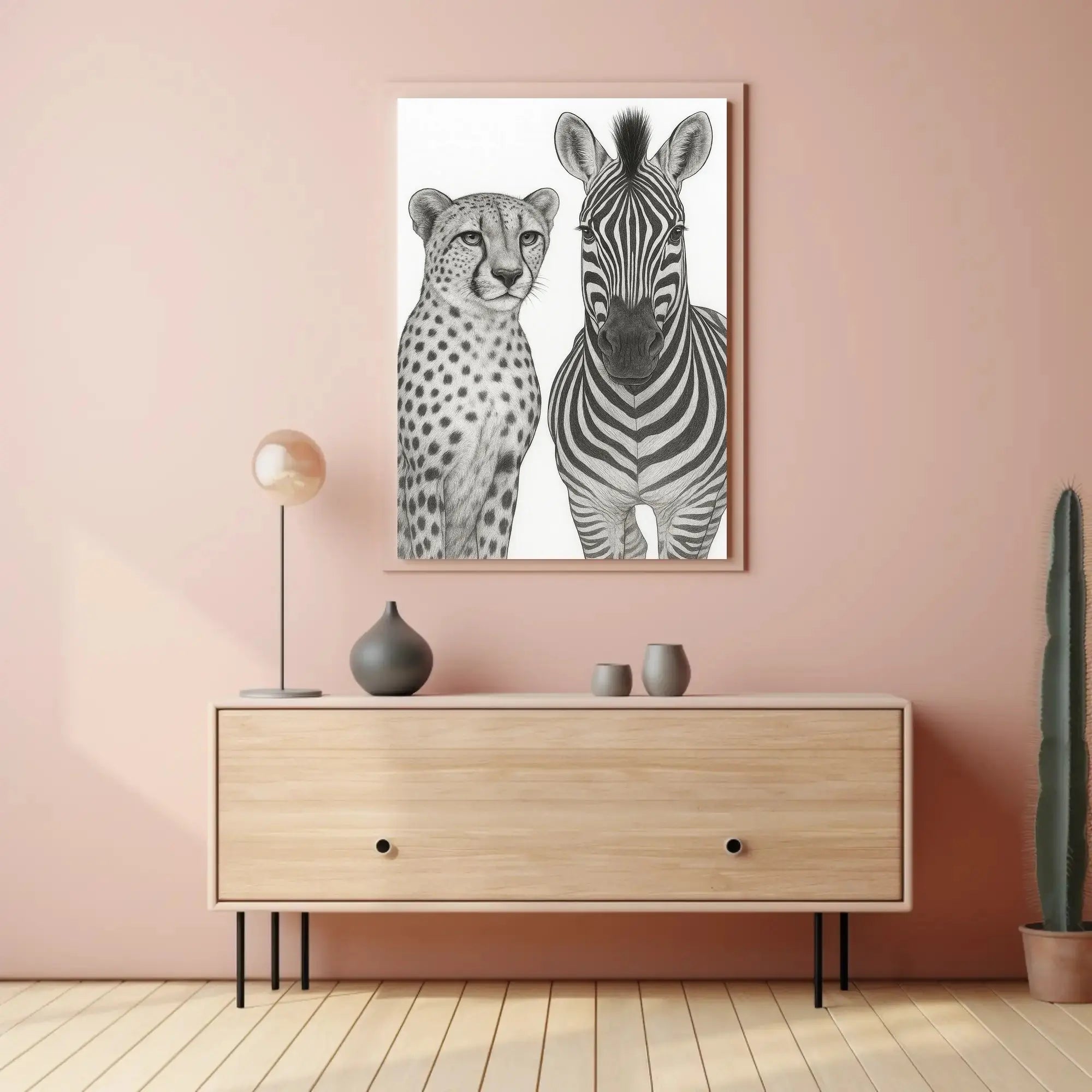 Serene Wildlife Contrast: Cheetah and Zebra Animal Poster PosterGoat