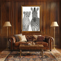 Serene Wildlife Contrast: Cheetah and Zebra Animal Poster PosterGoat