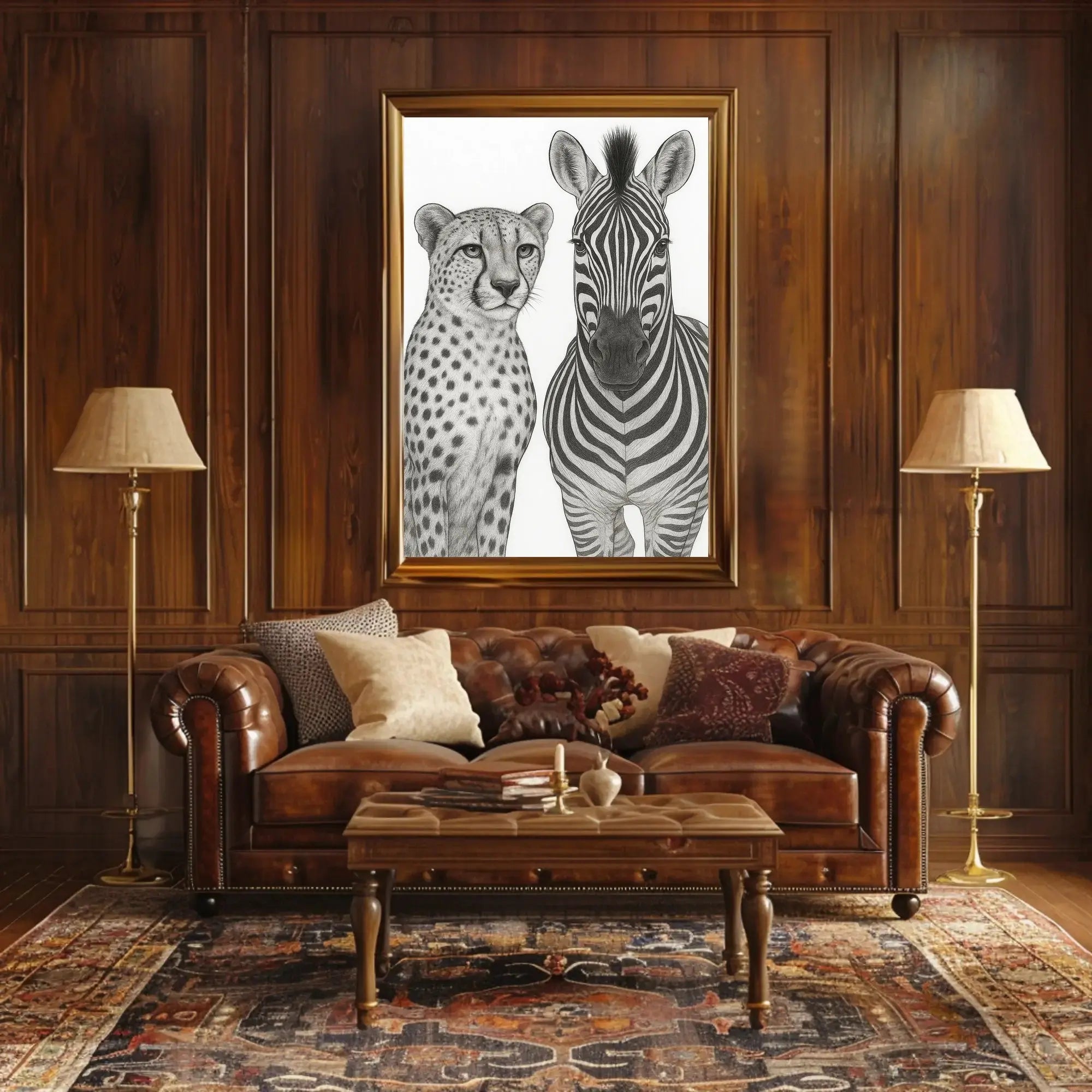 Serene Wildlife Contrast: Cheetah and Zebra Animal Poster PosterGoat