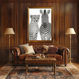 Serene Wildlife Contrast: Cheetah and Zebra Animal Poster PosterGoat